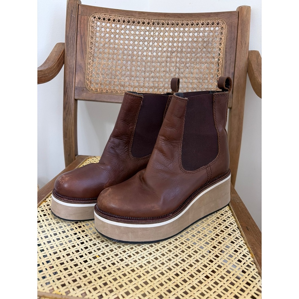 Brown Leather Platform Wedge Chelsea Boots Ankle Booties Pull On Chunky Sole